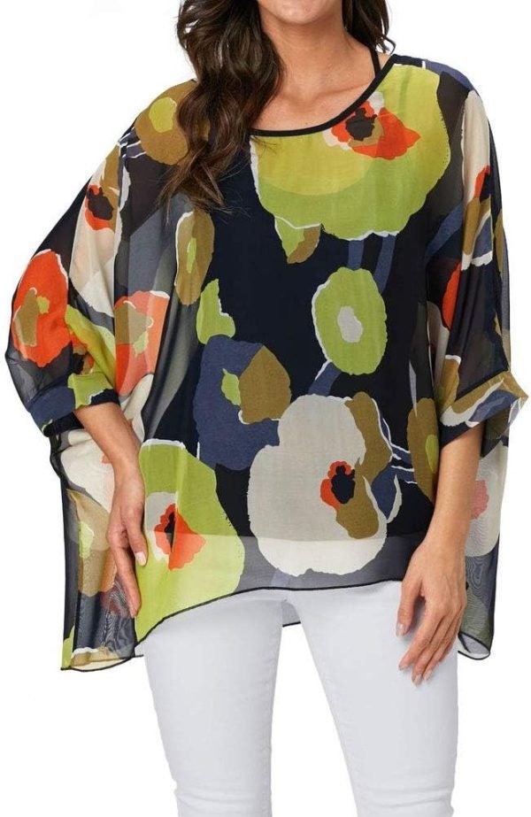 Women Chiffon Blouse Floral Batwing Sleeve Beach Cover Loose Tunic Shirt Tops