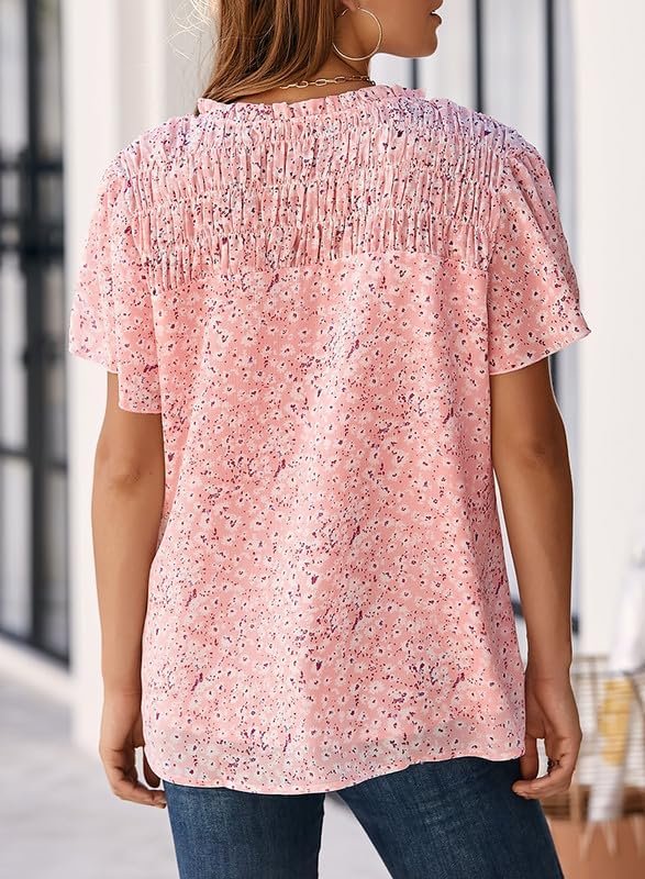 617vu82k_sL._AC Women's Casual V Neck Floral Print Smocked Short Sleeve Chiffon Blouses Bohemian Top Shirts