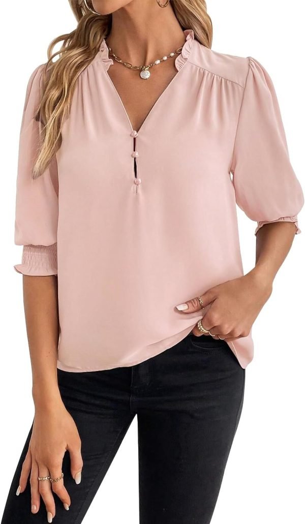 618i25Ht93L._AC_SL1500 Women's Summer Puff Sleeve Top V Neck Ruffle Button Shirt Pleated Dressy Casual Chiffon Blouses