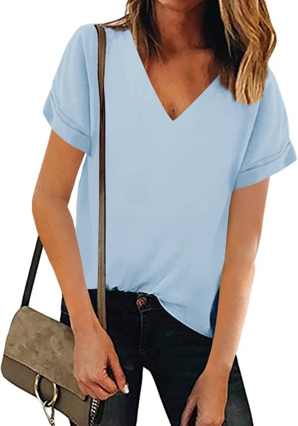 61ALKhYBThL._AC_SL1500 Women V Neck Chiffon Blouse Short Sleeve Summer Casual Loose Shirt Tops