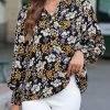 Women's Casual V Neck Easel Floral Print Long Sleeve Blouses Smocked Button Down Shirts Bohemian Top