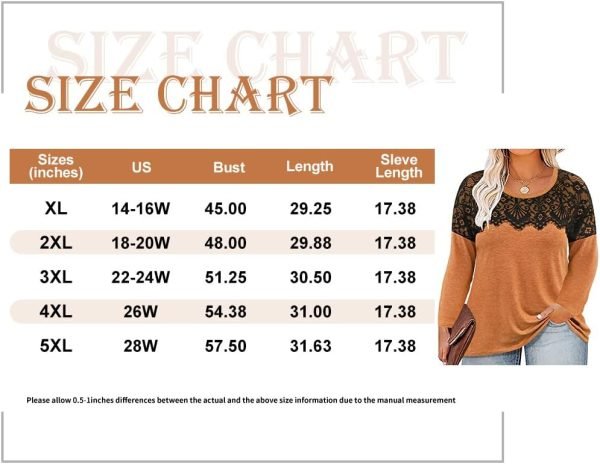 61BLGjEcKVL._AC_SL1200 Plus Size Lace Tops for Women Long Sleeve Crewneck Pullover Fall T-shirts Tunics Basic Tees T-Shirts XL-5XL