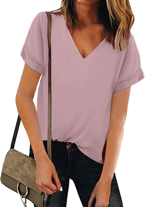 61COBA2x5gL._AC_SL1500 Women V Neck Chiffon Blouse Short Sleeve Summer Casual Loose Shirt Tops