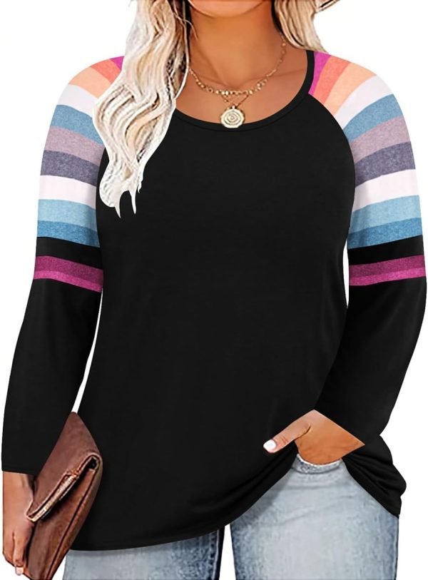 61CYR8GKa0L._AC_SL1200 Plus Size T Shirt for Women Long Sleeve Raglan Tops Tee Shirts Color Block Top Leopard Plaid Print XL-5XL 14W-28W