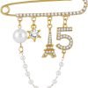 Number 5 Lapel Pins and Brooches Vintage Imitating Pearl Rhinestone Crystal Brooch Pin for Women Rhinestone Jewelry