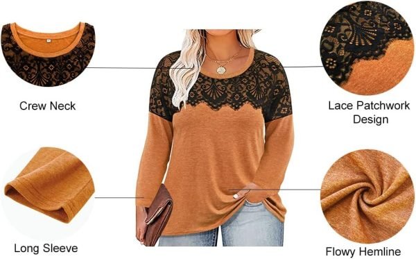 61DP8u4DcVL._AC_SL1000 Plus Size Lace Tops for Women Long Sleeve Crewneck Pullover Fall T-shirts Tunics Basic Tees T-Shirts XL-5XL