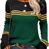 Women Autumn Winter Colorblock Pullover Sweaters Round Neck Striped Slim Fitting Knitwear Tops