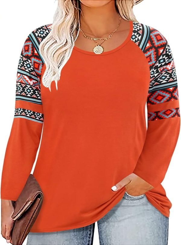 61DeXUzPKFL._AC_SL1200 Plus Size T Shirt for Women Long Sleeve Raglan Tops Tee Shirts Color Block Top Leopard Plaid Print XL-5XL 14W-28W