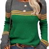 Women Autumn Winter Colorblock Pullover Sweaters Round Neck Striped Slim Fitting Knitwear Tops