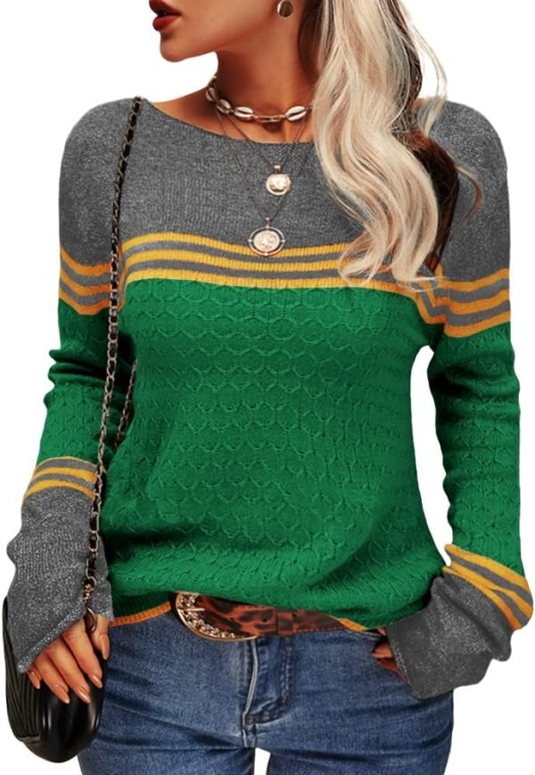 Women Autumn Winter Colorblock Pullover Sweaters Round Neck Striped Slim Fitting Knitwear Tops