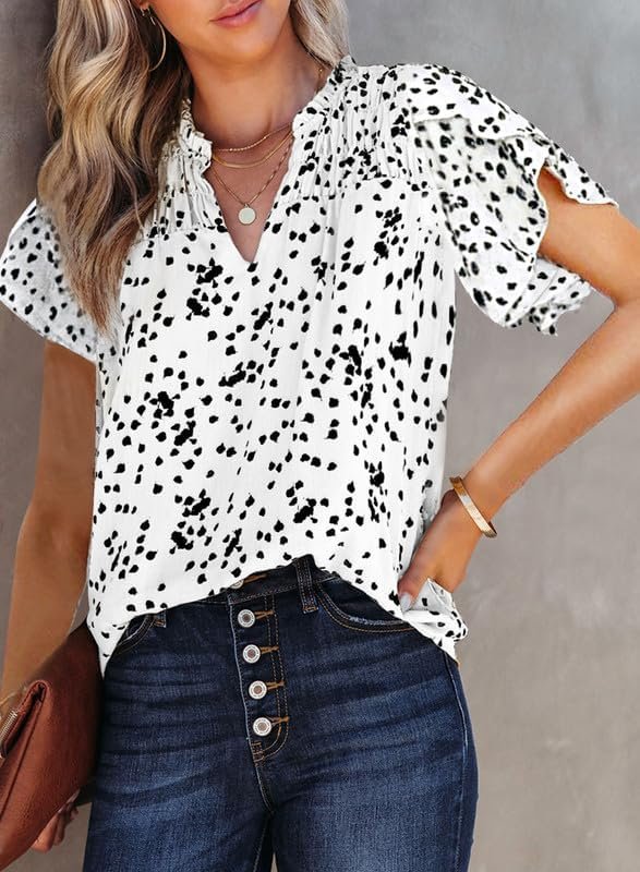61EWXR2IEzL._AC Women's Casual V Neck Alicia Floral Print Smocked Short Sleeve Chiffon Blouses Bohemian Top Shirts