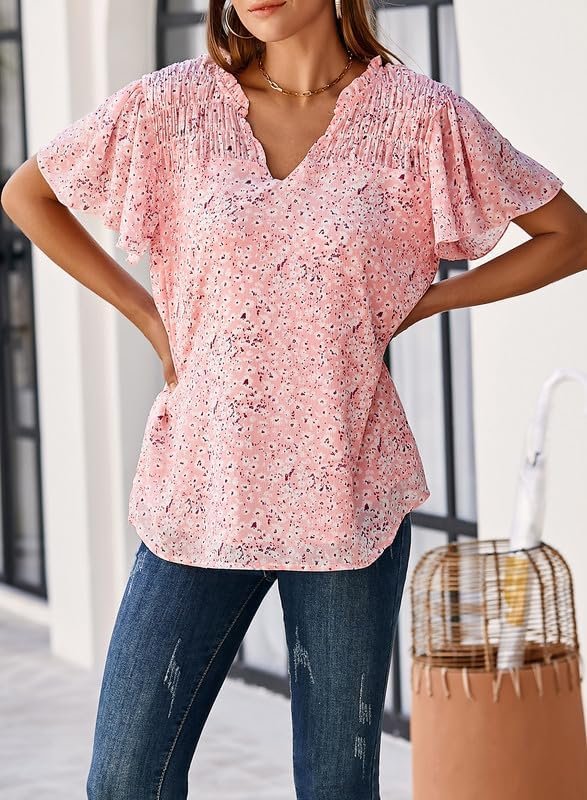 61EdfDZDVVL._AC Women's Casual V Neck Floral Print Smocked Short Sleeve Chiffon Blouses Bohemian Top Shirts
