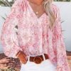 Women's Casual Boho Floral Print V Neck Long Sleeve T Shirt Blouses