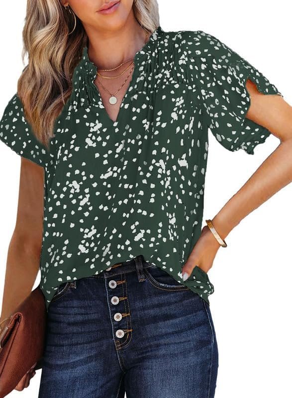 61EuommvNCL._AC Women's Casual V Neck Alicia Floral Print Smocked Short Sleeve Chiffon Blouses Bohemian Top Shirts