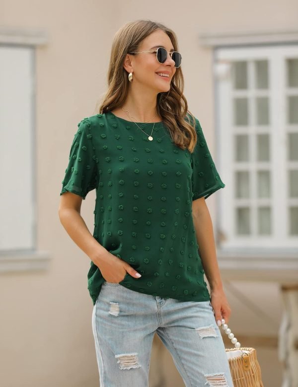 61FDSkJ_G4S._AC_SL1500 Womens Chiffon Blouse Summer Casual Round Neck Short Sleeve Pom Pom Shirts Top