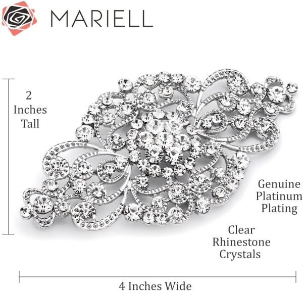 Vintage Bridal Crystal Brooch Pin, 4" Wide, Antique Silver Wedding Pin, Rhinestone Brooch for Brides and Wedding, Art Deco Fashion Accessory