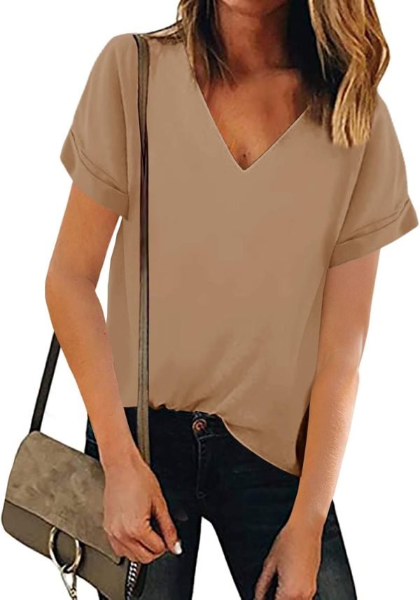 61FMLttGjpL._AC_SL1500 Women V Neck Chiffon Blouse Short Sleeve Summer Casual Loose Shirt Tops