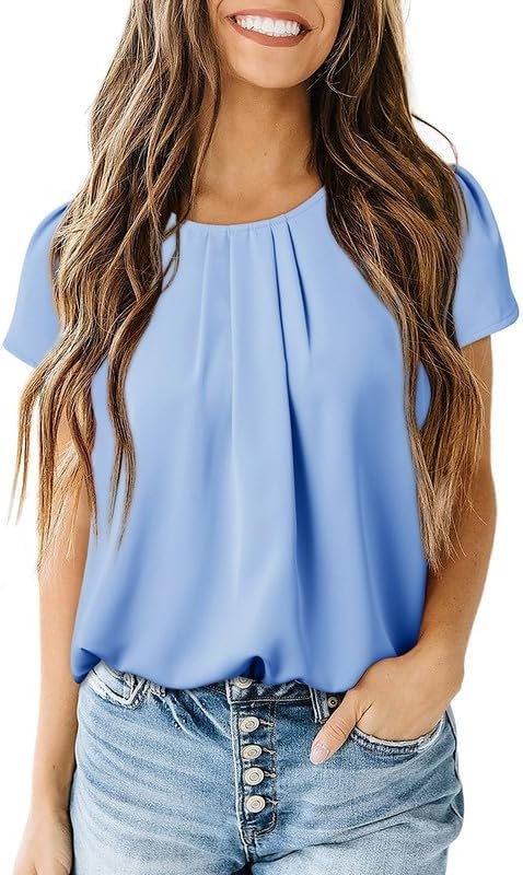 61GpMiHcpUL._AC Women's Casual Round Neck Basic Pleated Tops Short Sleeve Loose Fit Curved Keyhole Back Chiffon Blouses Tshirts