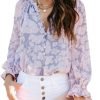 Womens Casual Boho Floral Print V Neck Long Sleeve Blouses Button Down Shirts Dressy Chiffon Loose Ruffle Tops