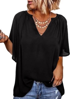 Womens Casual V Neck Loose 3/4 Bell Sleeve Chiffon Blouse Shirt Pleated Flowy Tunic Tops