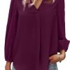 Women's Long Sleeve V Neck Shirt Dressy Pleated Top Casual Loose Chiffon Blouses