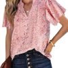 Women's Casual V Neck Floral Print Smocked Short Sleeve Chiffon Blouses Bohemian Top Shirts