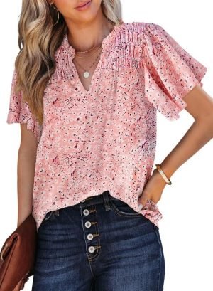 Women's Casual V Neck Floral Print Smocked Short Sleeve Chiffon Blouses Bohemian Top Shirts