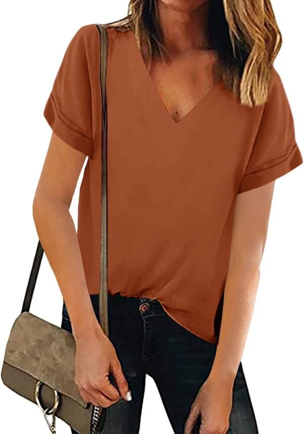61I_SSBORRL._AC_SL1500 Women V Neck Chiffon Blouse Short Sleeve Summer Casual Loose Shirt Tops