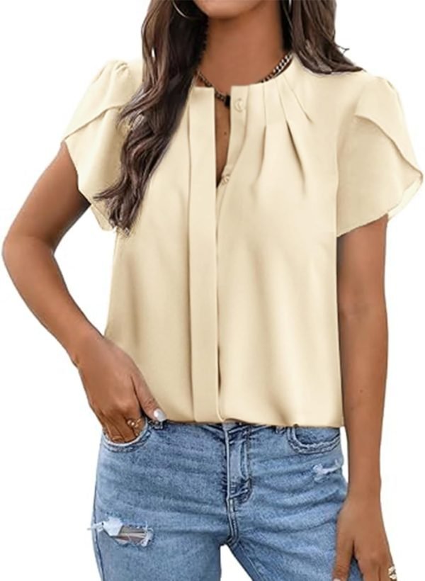 61JCu1pnodL._AC_SL1500 Womens Summer Tops Button Down Crew Neck Short Sleeve Shirts Business Casual Loose Work Chiffon Blouses