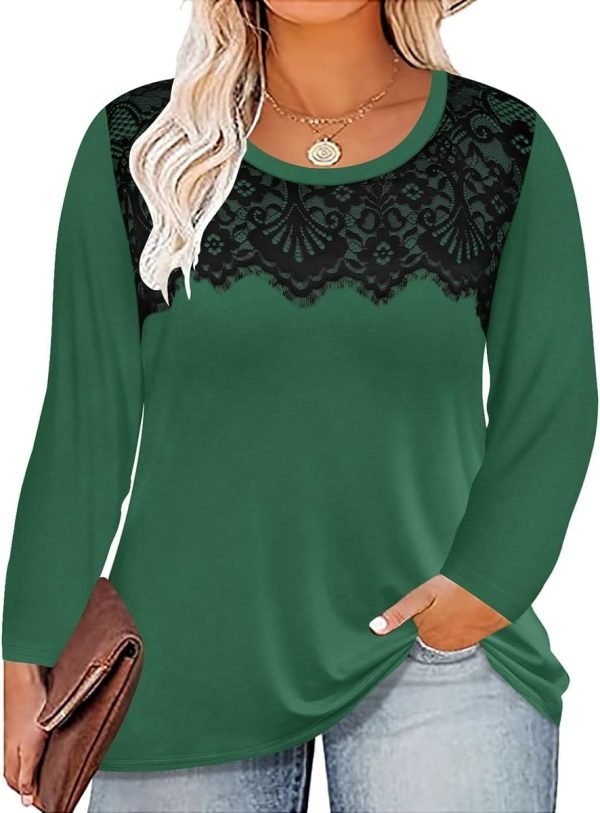 61Jh25sey4L._AC_SL1200 Plus Size Lace Tops for Women Long Sleeve Crewneck Pullover Fall T-shirts Tunics Basic Tees T-Shirts XL-5XL