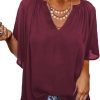 Womens Chiffon Blouses Casual Solid Bell Sleeve Shirt Loose V Neck Pleated Tunic Tops