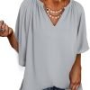 Womens Chiffon Blouses Casual Solid Bell Sleeve Shirt Loose V Neck Pleated Tunic Tops