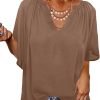 Womens Chiffon Blouses Casual Solid Bell Sleeve Shirt Loose V Neck Pleated Tunic Tops