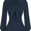 Women's Long Sleeve Peplum Dressy Shirt Office Bow Tie Work Blouses Tops Smocked Waist