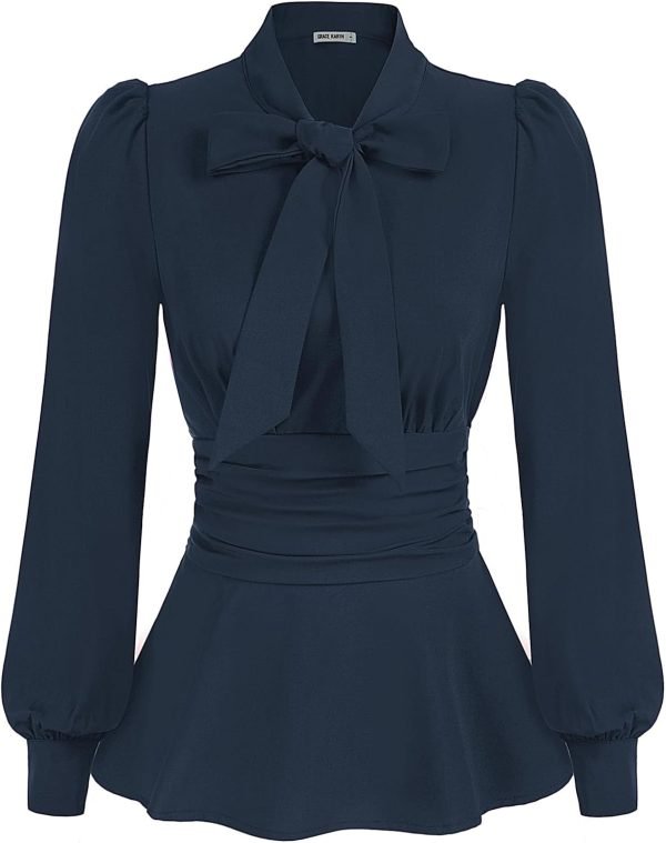 61LV0s-h9hL._AC_SL1500 Women's Long Sleeve Peplum Dressy Shirt Office Bow Tie Work Blouses Tops Smocked Waist