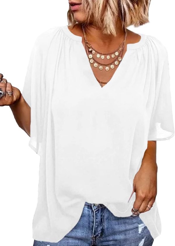 61MAiKns18L._AC_SL1500 Womens Chiffon Blouses Casual Solid Bell Sleeve Shirt Loose V Neck Pleated Tunic Tops