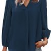 Women's Long Sleeve V Neck Shirt Dressy Pleated Top Casual Loose Chiffon Blouses