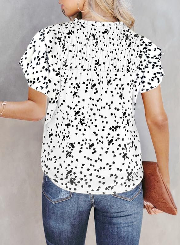 61Nv2mXJ1FL._AC Women's Casual V Neck Alicia Floral Print Smocked Short Sleeve Chiffon Blouses Bohemian Top Shirts