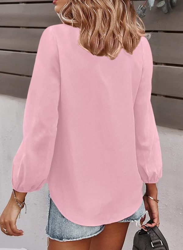 Women's Long Sleeve V Neck Shirt Dressy Pleated Top Casual Loose Chiffon Blouses