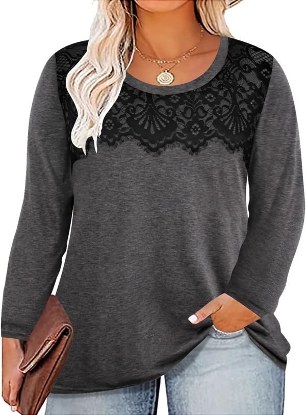 61PV9aFOwYL._AC_SL1200 Plus Size Lace Tops for Women Long Sleeve Crewneck Pullover Fall T-shirts Tunics Basic Tees T-Shirts XL-5XL