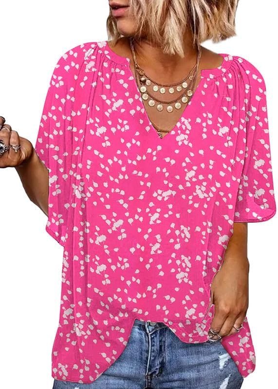 Womens Casual V Neck Loose 3/4 Bell Sleeve Chiffon Blouse Shirt Pleated Flowy Tunic Tops