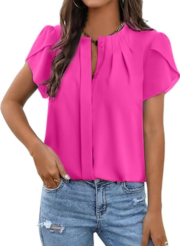 61Q3MsMahaL._AC_SL1500 Womens Summer Tops Button Down Crew Neck Short Sleeve Shirts Business Casual Loose Work Chiffon Blouses