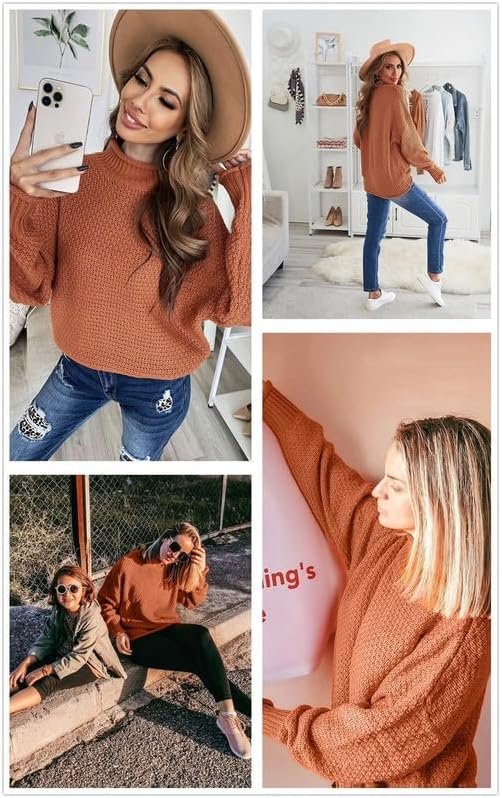 61Q5uyLjrPL._AC Womens 2024 Winter Fall Solid Turtleneck High Neck Balloon Long Sleeve Sweaters Pullover Outerwear