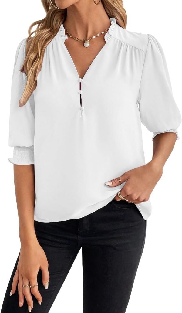 61R8YOz5wUL._AC_SL1500 Women's Summer Puff Sleeve Top V Neck Ruffle Button Shirt Pleated Dressy Casual Chiffon Blouses