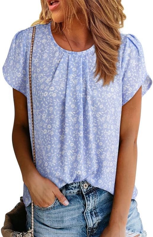 61RPms-cAmL._AC Women's Casual Round Neck Basic Pleated Tops Short Sleeve Loose Fit Curved Keyhole Back Chiffon Blouses Tshirts