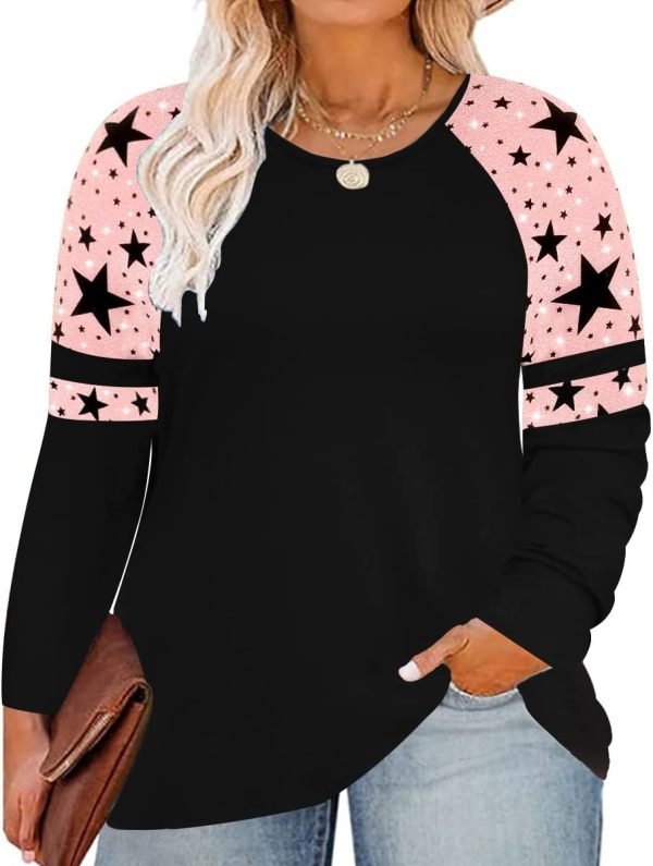 61RYS75zlcL._AC_SL1200 Plus Size T Shirt for Women Long Sleeve Raglan Tops Tee Shirts Color Block Top Leopard Plaid Print XL-5XL 14W-28W