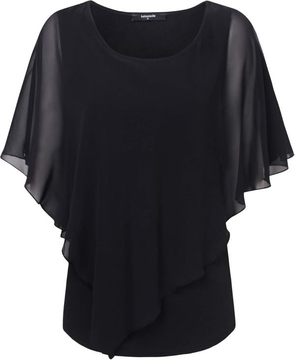 61RaF5SRY1L._AC_SL1500 Women's Lightweight Flowy Shirt Double-Layered Printed Chiffon Poncho Blouse Top