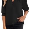 Women's Summer Puff Sleeve Top V Neck Ruffle Button Shirt Pleated Dressy Casual Chiffon Blouses