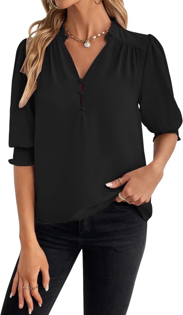61Re1RFH9wL._AC_SL1500 Women's Summer Puff Sleeve Top V Neck Ruffle Button Shirt Pleated Dressy Casual Chiffon Blouses