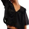 Women's Sexy Low Cut Chiffon Shirt  3/4 Sleeve V Neck Sheer Button Down Blouse Cute Ruffle Lace Trim Top
